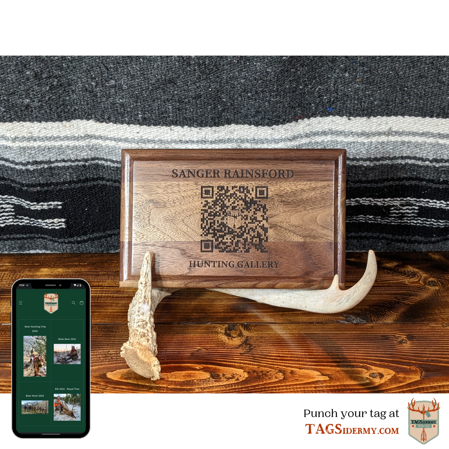 TAGSidermy Trophy Tag Trophy Room Gallery Plaque. A wall plaque that links you quickly to your photos and videos from your hunting and outdoor adventures. A QR code and NFC tag to link you to an online gallery with albums from your different trips. Natural wood plaque to pair with your taxidermy mount.