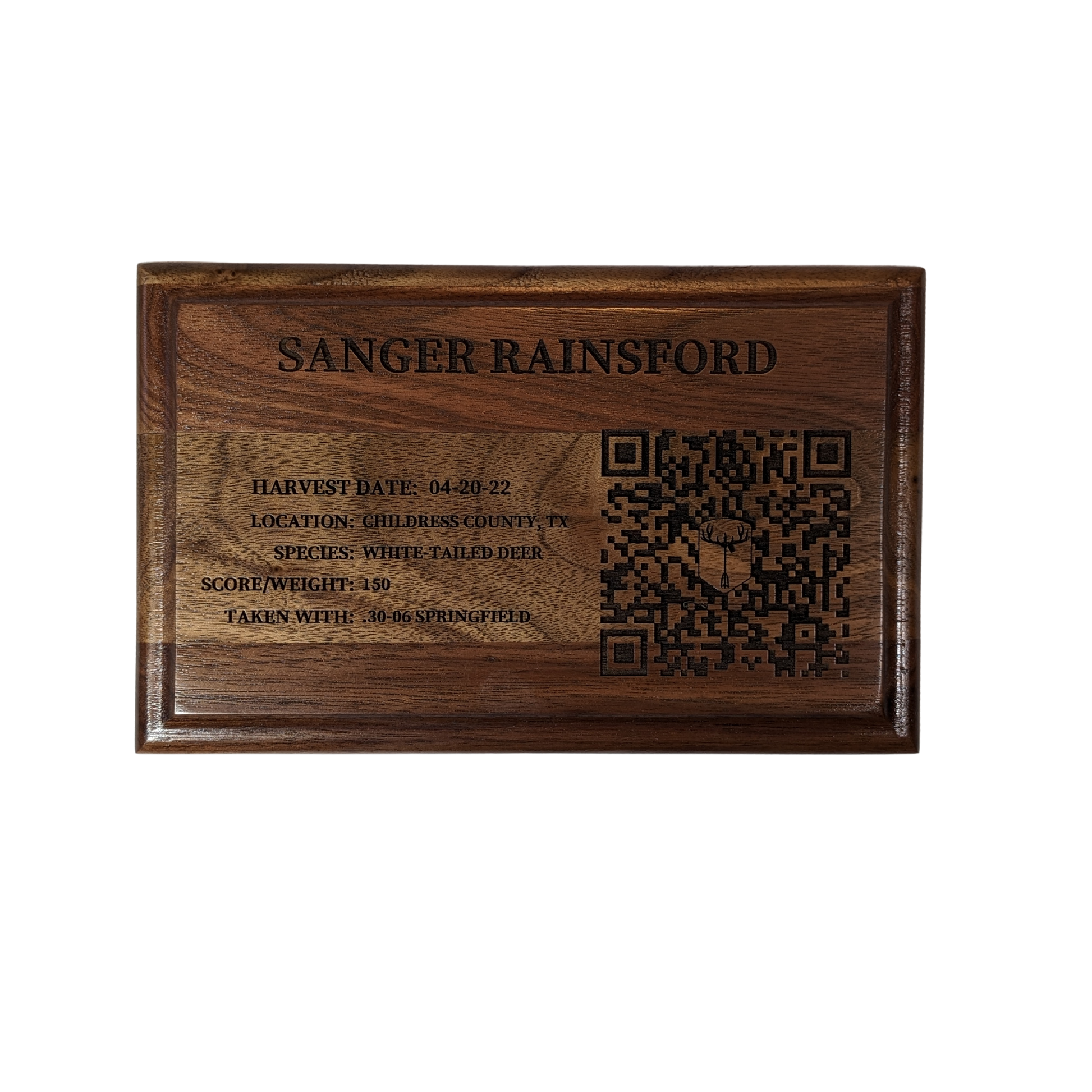 Black Walnut TAGSidermy Trophy Tag Wall Plaque. A wall plaque that links you quickly to your photos and videos from your hunting and outdoor adventures. A QR code and NFC tag to link you to an online photo gallery album. Natural wood plaque to pair with your taxidermy mount.